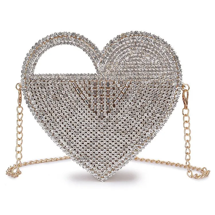Luxury Heart Shaped Diamond Evening Clutch Bag Women Purses and Handbags Designer Hollow Out Metal Shoulder Chain Bag