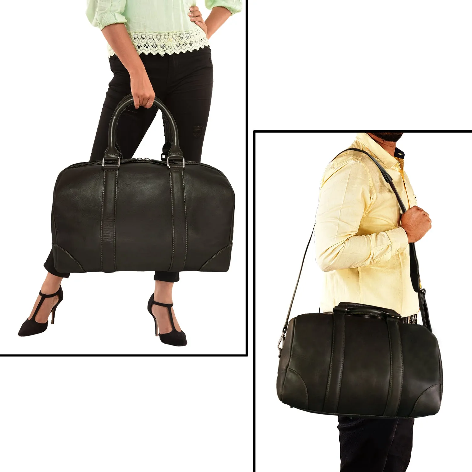 MANDAVA Genuine Leather Unisex Travel Duffel Bag, Shoulder Weekender Overnight Luggage Bag (Green)