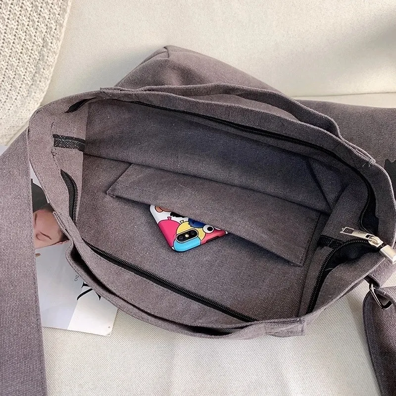 Men's Large Canvas Letter Solid Color Streetwear Square Zipper Shoulder Bag Canvas Bag Crossbody Bag