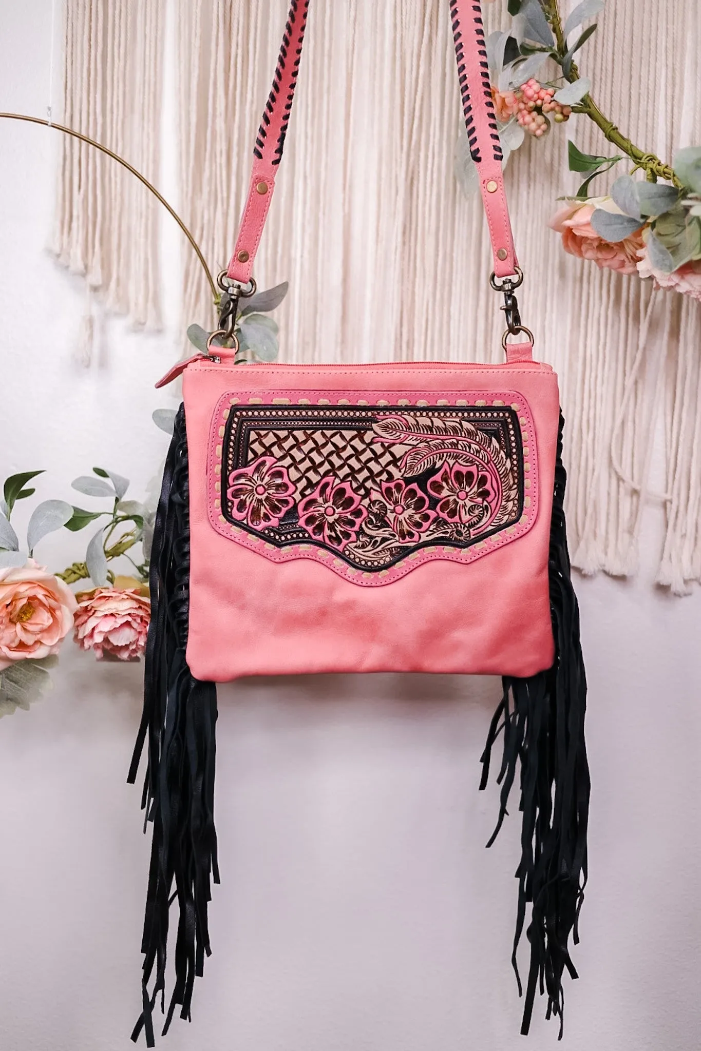 Millstone Fringed Hand-Tooled Pink Bag