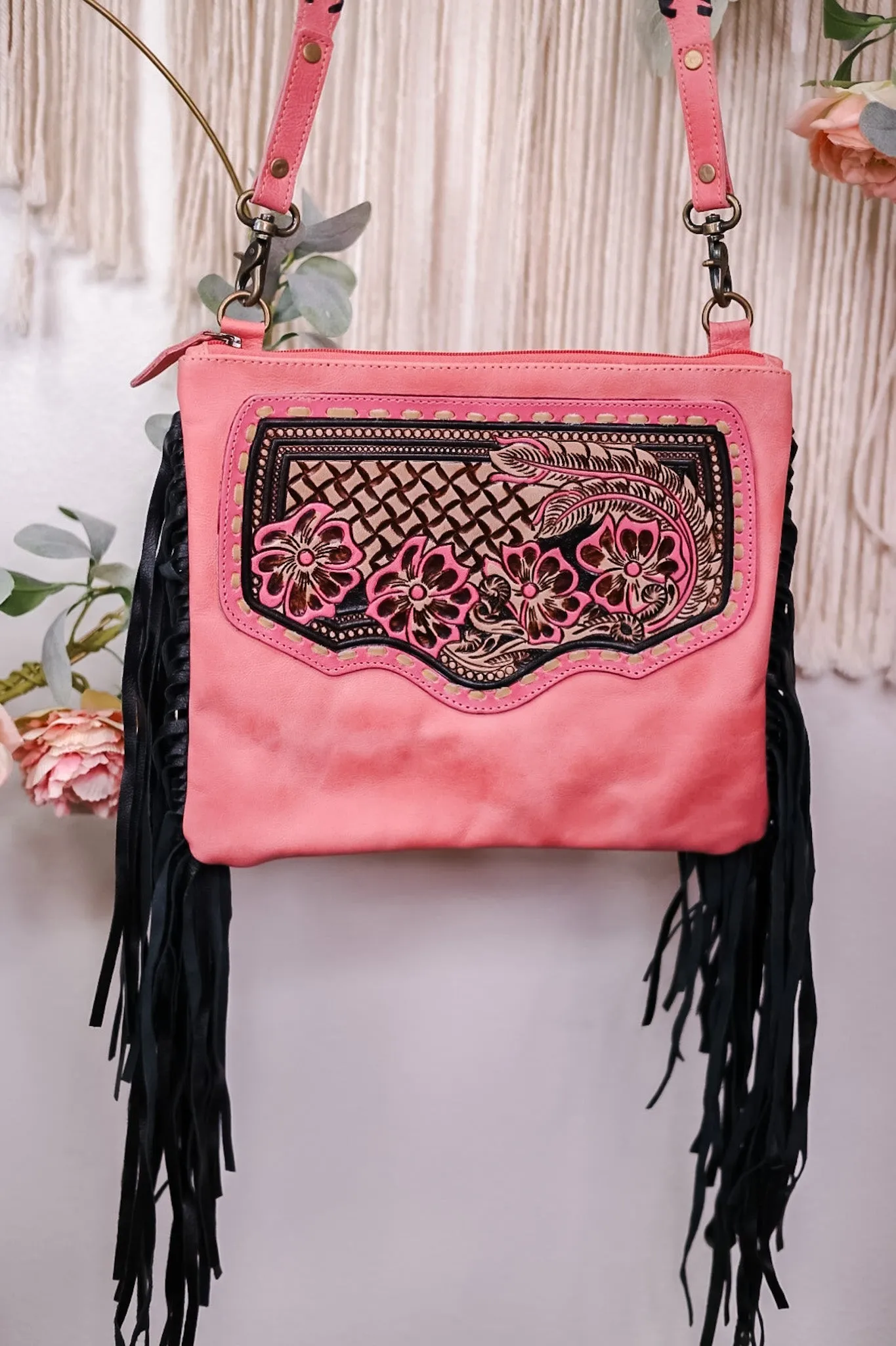 Millstone Fringed Hand-Tooled Pink Bag