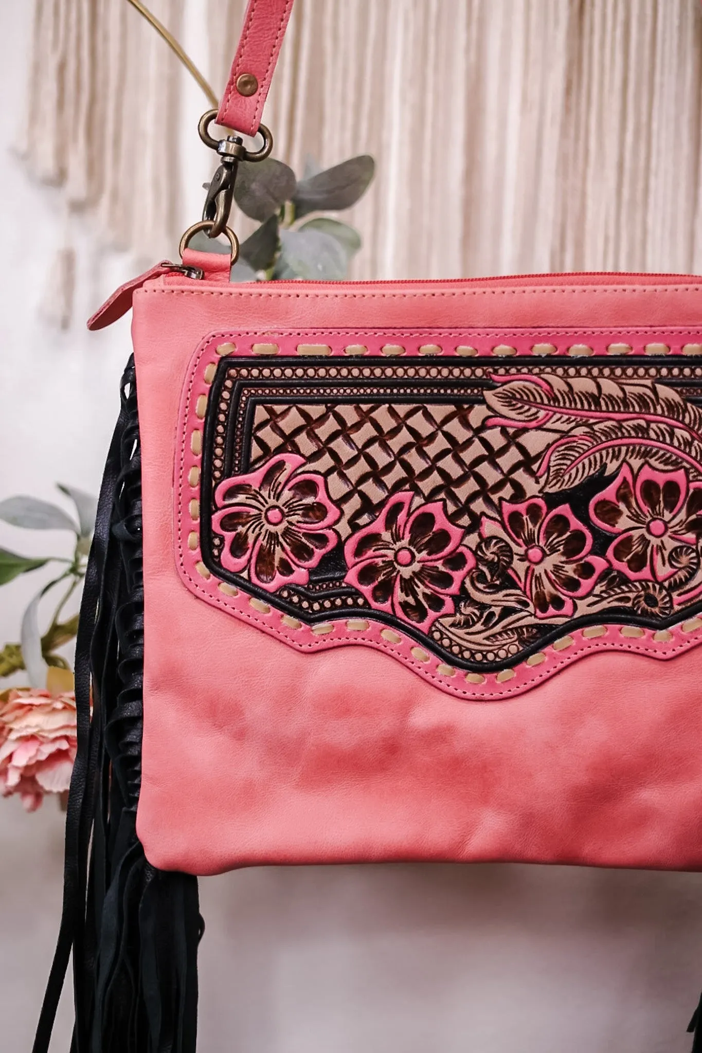 Millstone Fringed Hand-Tooled Pink Bag