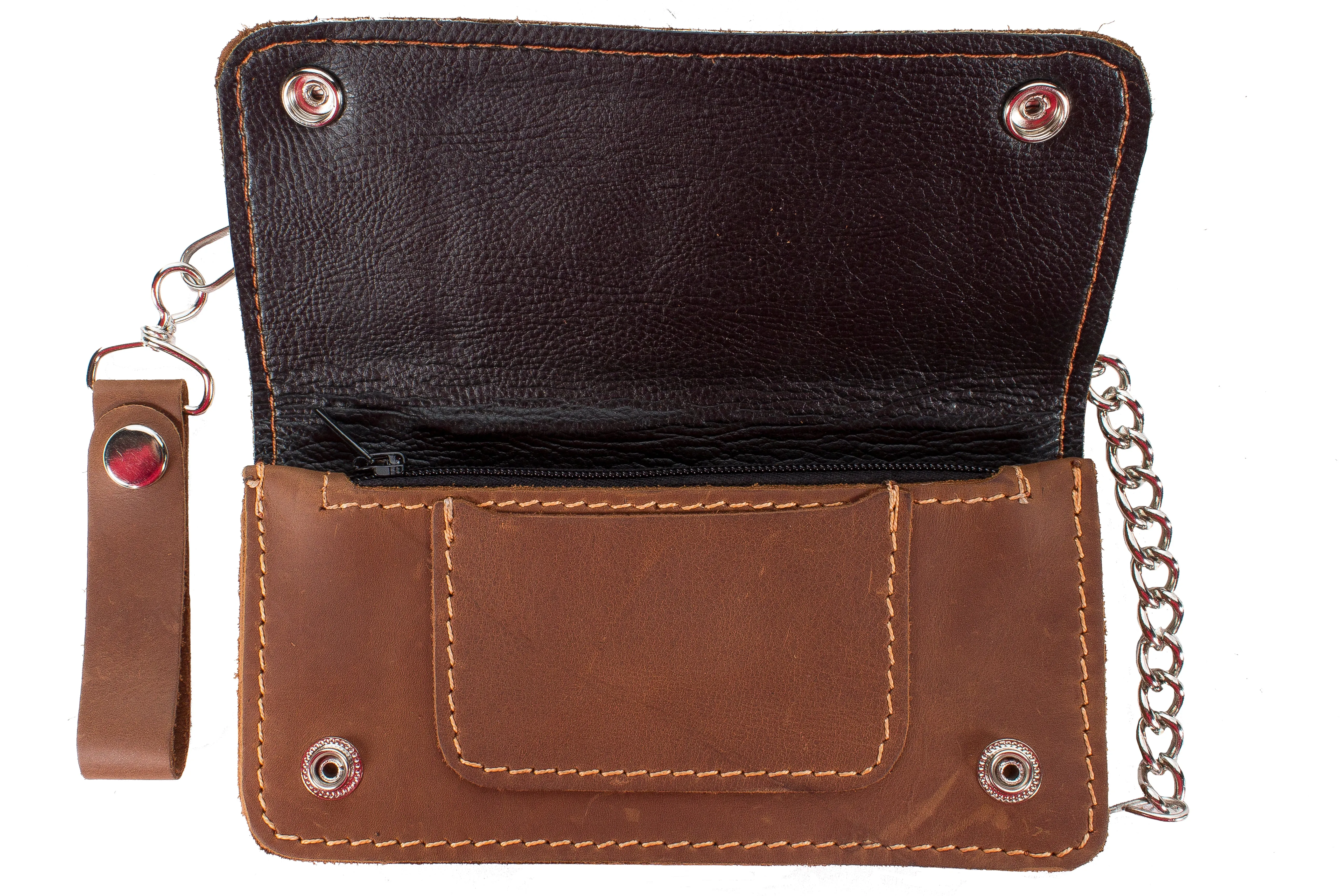 Premium Quality Smooth Brown Leather Bifold Motorcycle Chain Wallet