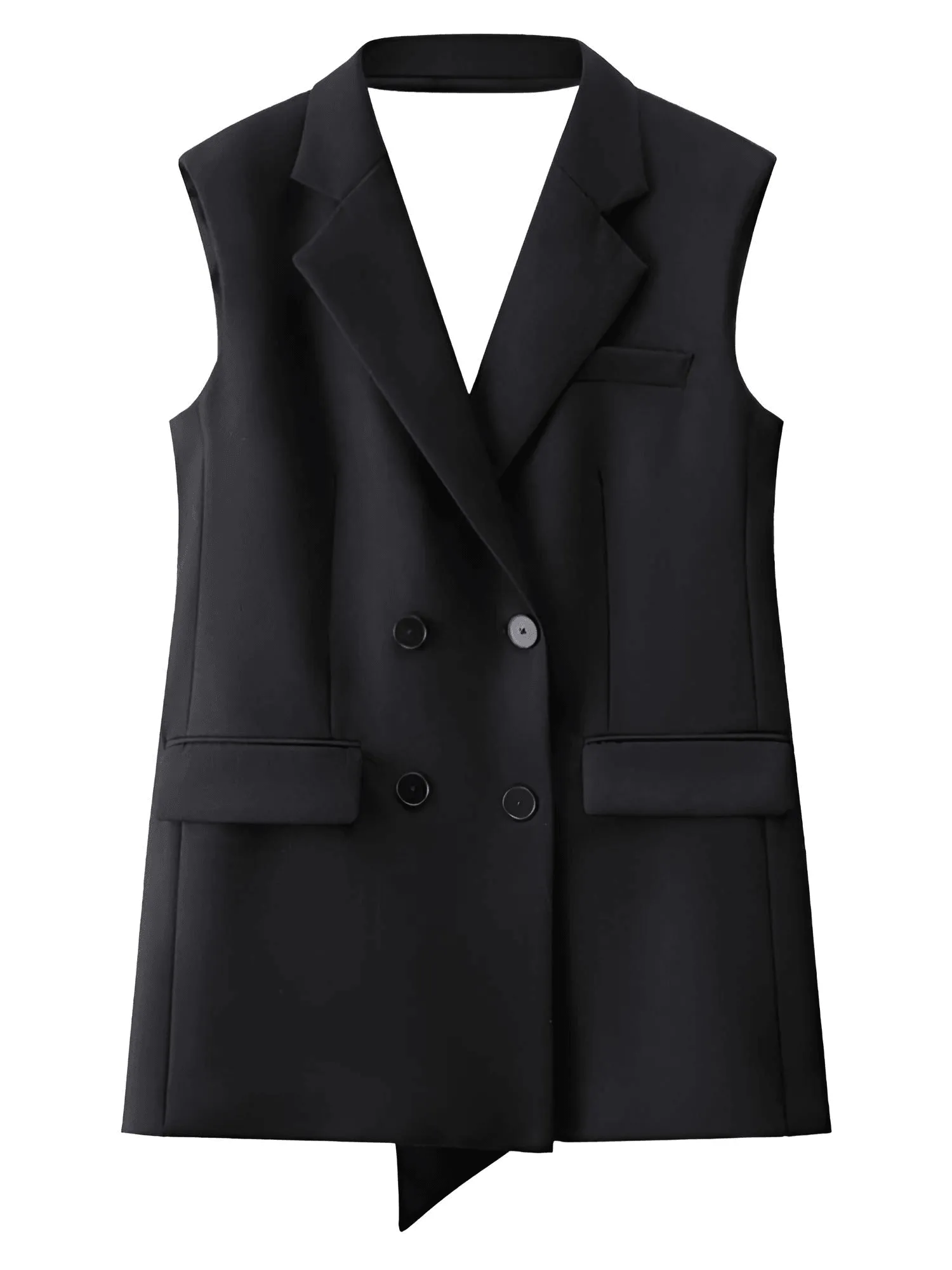 Solid Casual Loose Black Back Bow Dress For Women Notched Collar Sleeveless High Waist Backless Spliced Bow Dress Fashion New