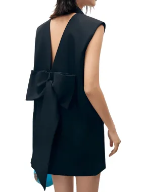 Solid Casual Loose Black Back Bow Dress For Women Notched Collar Sleeveless High Waist Backless Spliced Bow Dress Fashion New