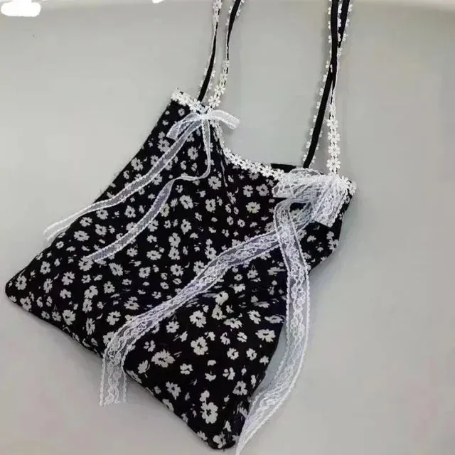 TAVIMART  -  Girls Fairy Sweet Flower Print Women's Handbags Simple Ins Patchwork Lace Underarm Bag Fashion Y2k Aesthetic Shoulder Handbags