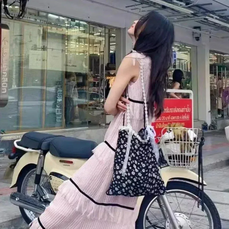 TAVIMART  -  Girls Fairy Sweet Flower Print Women's Handbags Simple Ins Patchwork Lace Underarm Bag Fashion Y2k Aesthetic Shoulder Handbags
