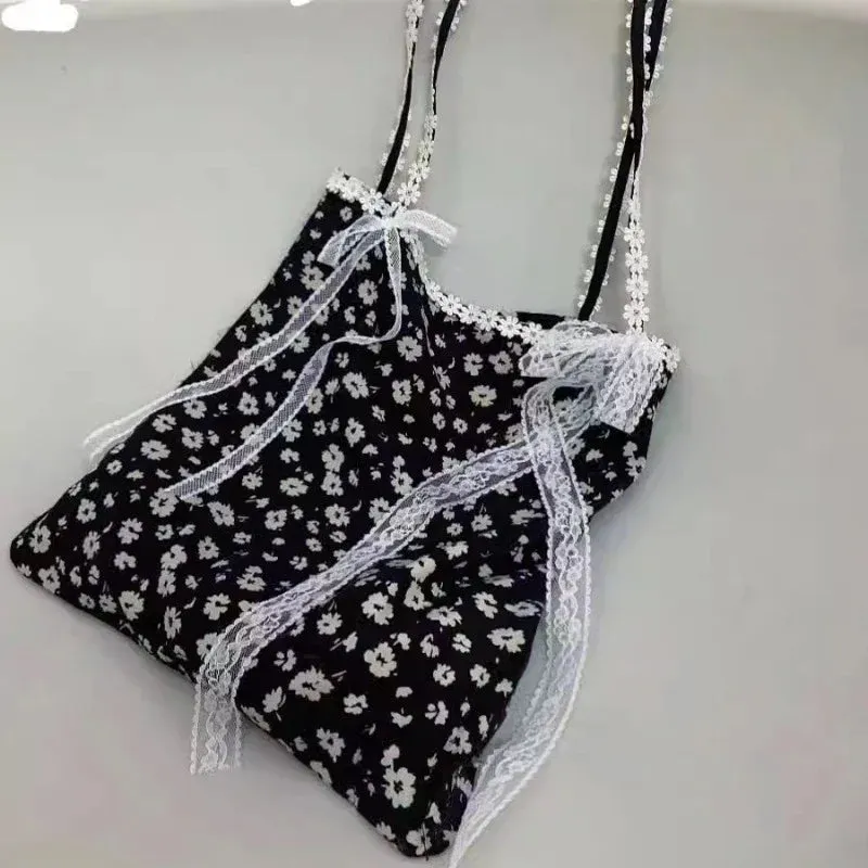 TAVIMART  -  Girls Fairy Sweet Flower Print Women's Handbags Simple Ins Patchwork Lace Underarm Bag Fashion Y2k Aesthetic Shoulder Handbags