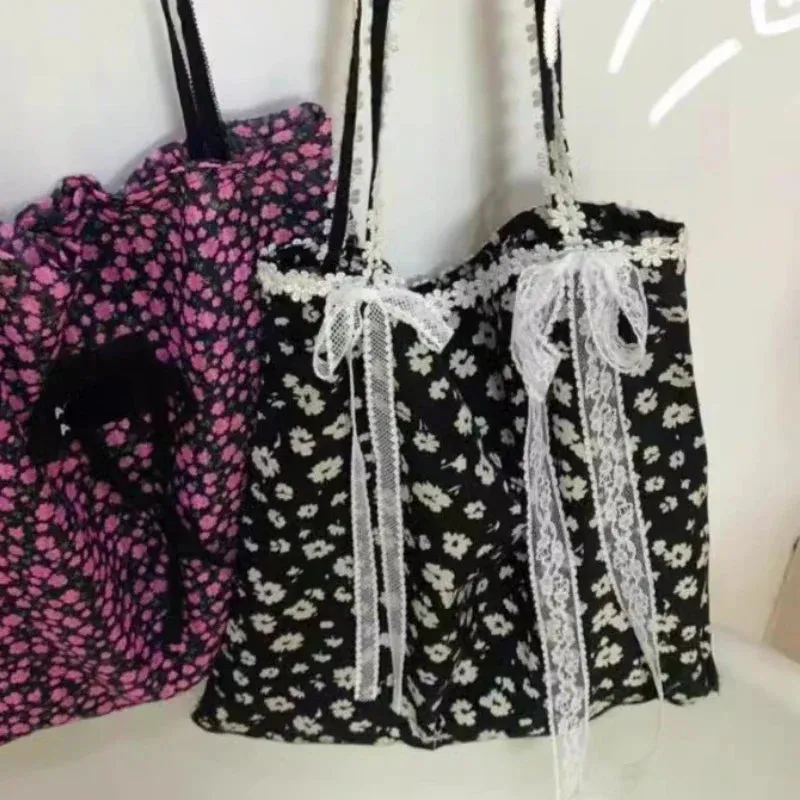 TAVIMART  -  Girls Fairy Sweet Flower Print Women's Handbags Simple Ins Patchwork Lace Underarm Bag Fashion Y2k Aesthetic Shoulder Handbags