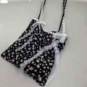 TAVIMART  -  Girls Fairy Sweet Flower Print Women's Handbags Simple Ins Patchwork Lace Underarm Bag Fashion Y2k Aesthetic Shoulder Handbags