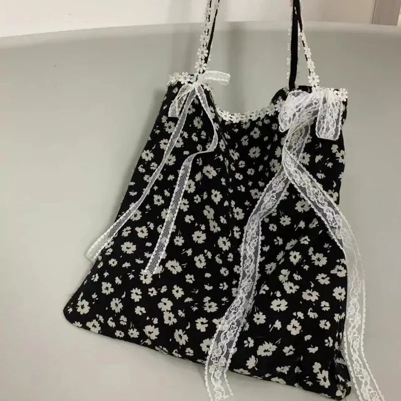 TAVIMART  -  Girls Fairy Sweet Flower Print Women's Handbags Simple Ins Patchwork Lace Underarm Bag Fashion Y2k Aesthetic Shoulder Handbags