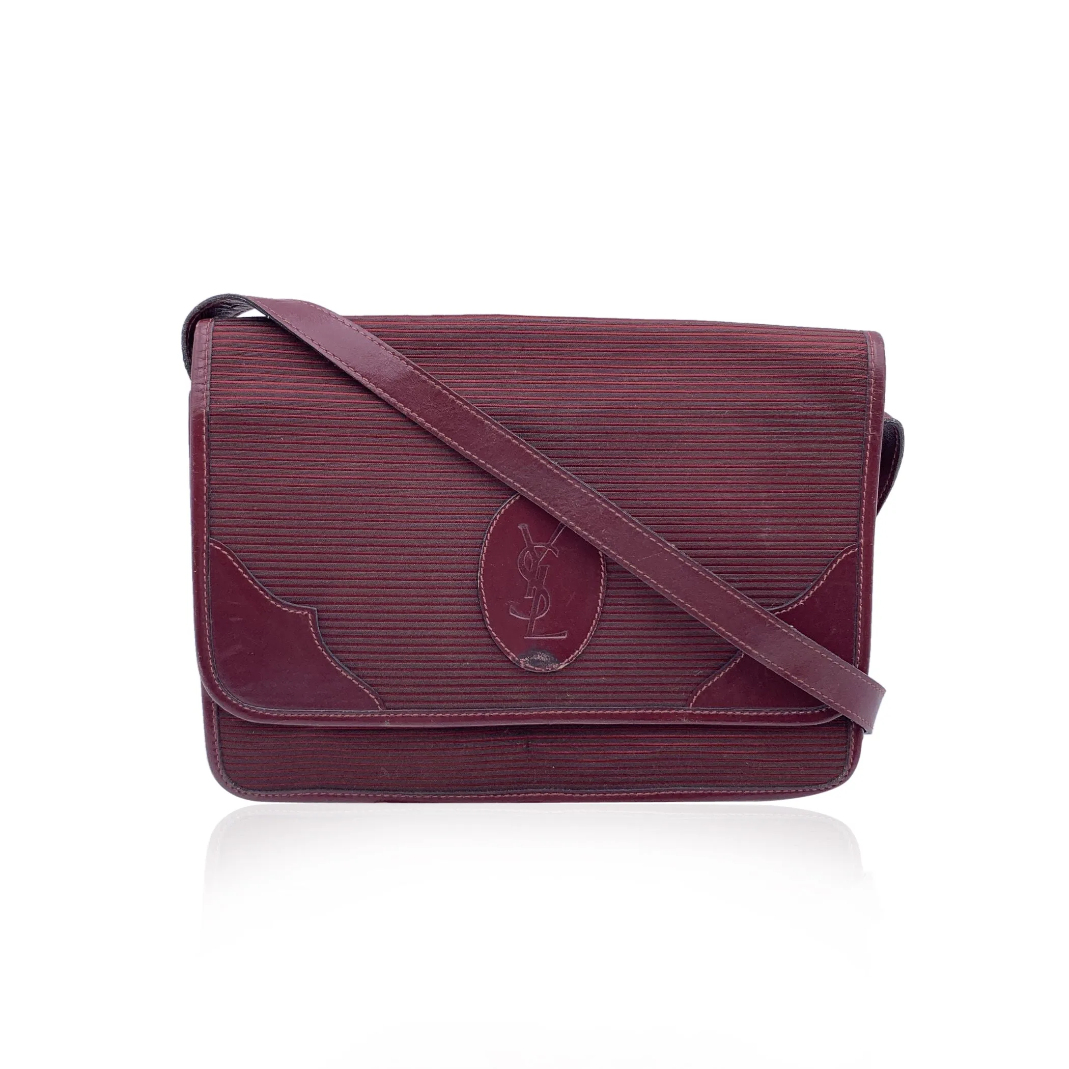 Yves Saint Laurent Vintage Burgundy Striped Canvas Flap Shoulder Bag