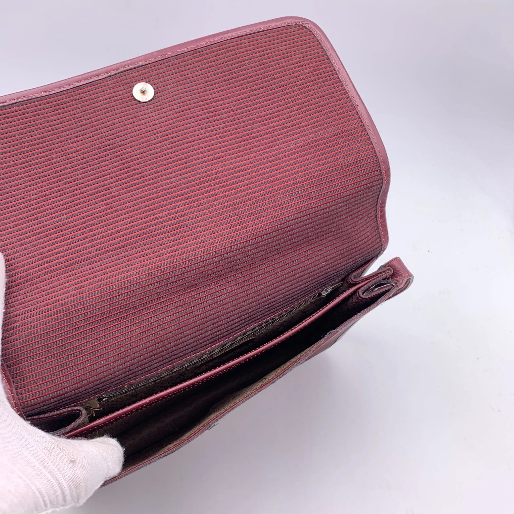 Yves Saint Laurent Vintage Burgundy Striped Canvas Flap Shoulder Bag