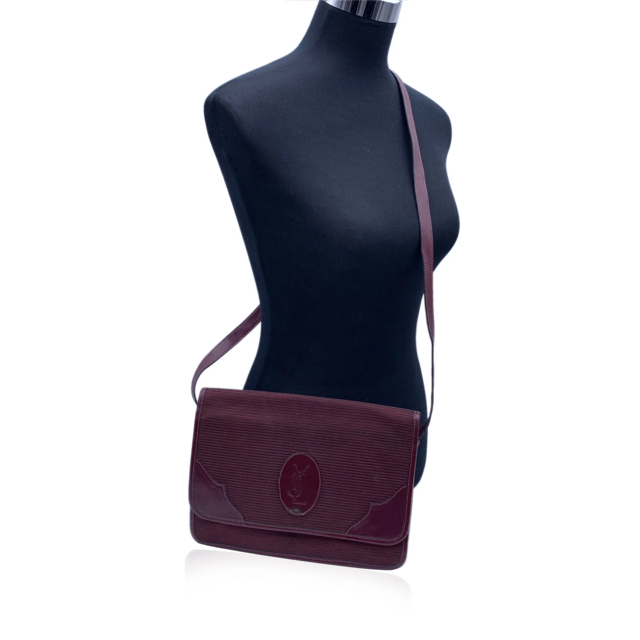 Yves Saint Laurent Vintage Burgundy Striped Canvas Flap Shoulder Bag